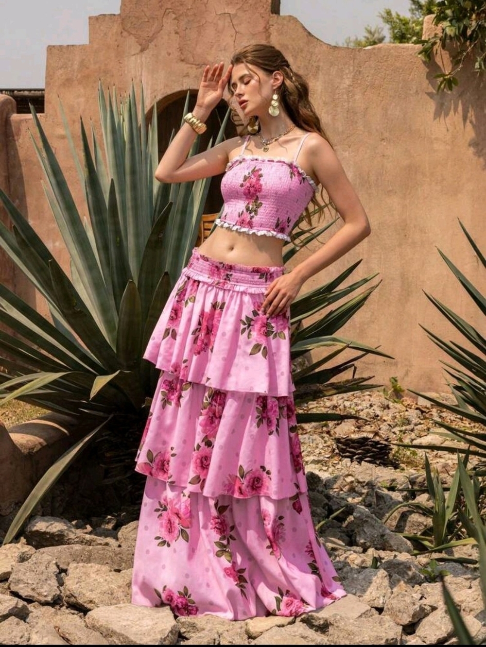Pink Floral Tiered Maxi Skirt - Women